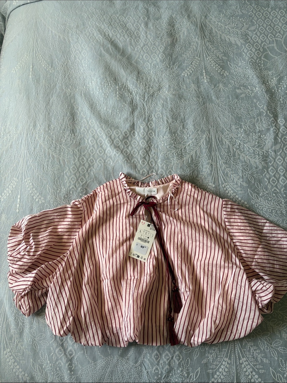Zara NWT - Pink Stripe Puff-Sleeve Top